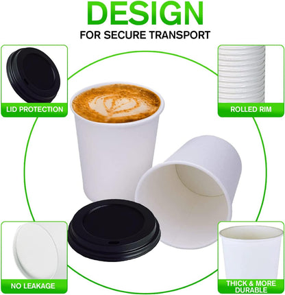 Smygoods White Disposable Paper Coffee Cups with Lids (10 OZ, 100 Count) For Hot Beverages, Tea, Espresso, Cocoa - To Go Drink Containers, Café & Office