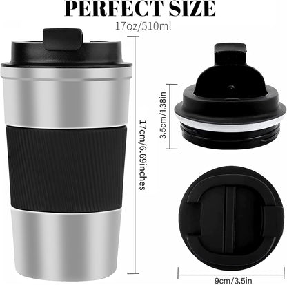 YINBAOGE Insulated Travel Coffee Mug Spill Proof Leak Proof Pobtable To Go Camping Stainless Steel Coffee Tumbler Reusable Coffee Cups with Lids Thermos for Hot and Cold Drink (Silver black, 17 OZ)