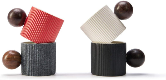 Ceramic Mini Espresso Cups Demitasse Cups with Round Wooden Handle Vertical Stripes Tea Cups (white, 2pcs)