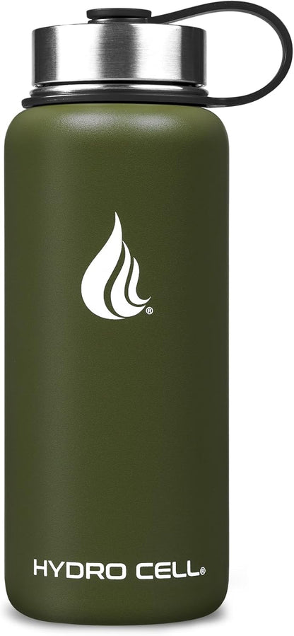 HYDRO CELL Stainless Steel Insulated Water Bottle with Straw - For Cold & Hot Drinks - Metal Vacuum Flask with Screw Cap and Modern Leakproof Sport Thermos for Adults (Army 32oz)