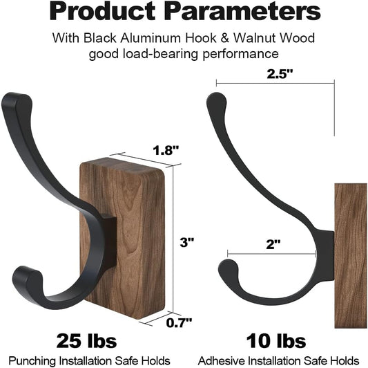 4 PCS Black Walnut Wood Wall Hooks Adhesive Mounted & Wall Mounted Rustic Decorative Entryway Hooks Mid Century Modern Natural Wooden Pegs for Hanging Coat Clothes Hat Bag Purse and Towel