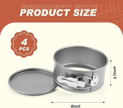 4 Pcs 4 Inch Non Stick Springform Pan with Removable Bottom Carbon Steel Round Springform Cheesecake Pan with Stainless Steel Spring Buckles for Baking Kitchens Restaurant(Gray)