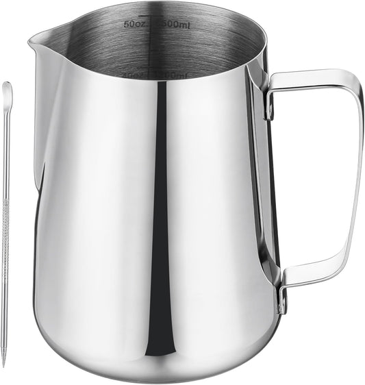 Milk Frothing Pitcher 50oz/1500ML- Espresso Steaming Pitcher Stainless Steel Milk Frothing Pitcher Cappuccino Latte Art Coffee Machine Accessories Milk Jug Milk Frother Cup