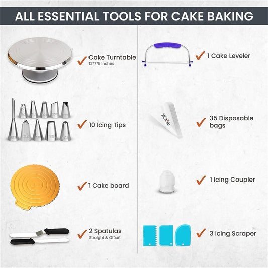 RFAQK 50PCs Cake Decorating Supplies Kit with 12" Aluminum Rotating Cake Turntable Stand, Professional Leveler, Straight & Offset Spatulas, 10 Numbered Icing Tips & Bags