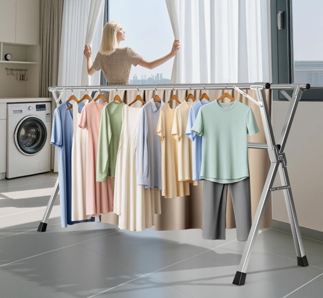 63 Inches Heavy - Duty Stainless Steel Folding Clothes Drying Rack Indoor Outdoor Anti-Rust 20 Windproof Hooks Portable & Foldable Laundry Rack (63'')