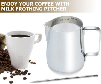 CAMKYDE Stainless Steel Milk Frothing Pitcher 32 oz, Espresso Steaming Pitcher with Decorating Pen for Espresso Machines, Cappuccino, Latte Art (Silver)