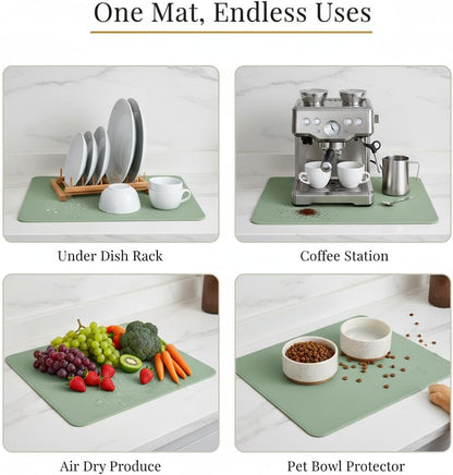 Dish Drying Mat Super Absorbent – 24" x 16" Coffee Mat for Countertops – Non-Slip Drying Mat for Kitchen Counter – Easy to Clean Water Absorbent Mat – Large Dish Drying Mats (Sage)