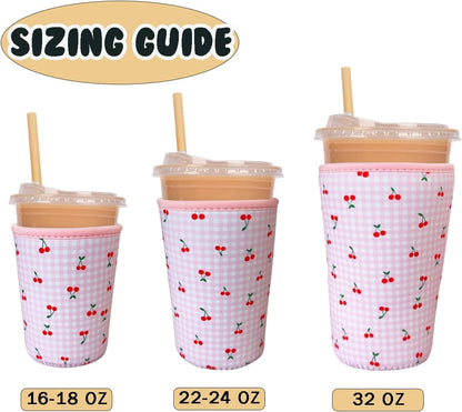 Reusable Insulated Neoprene Iced Coffee Cup Sleeve, Durable Drink Sleeve for Cold Beverages, Beverage Holder for Iced Coffee, Pink Cherry