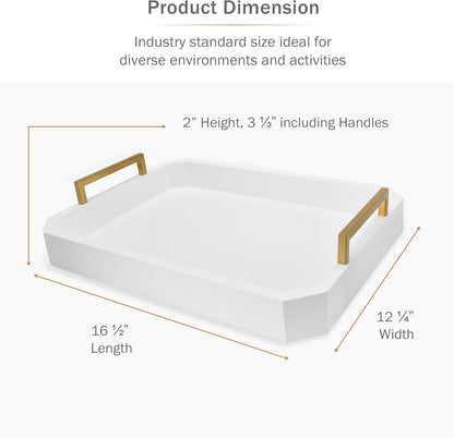Decorative Acacia Wood Ottoman Tray - Coffee Table Tray - Breakfast, Party, Drinks, Snack, Liquor Serving Platter - Farmhouse to Modern - Brass Handles (Moonlight White)