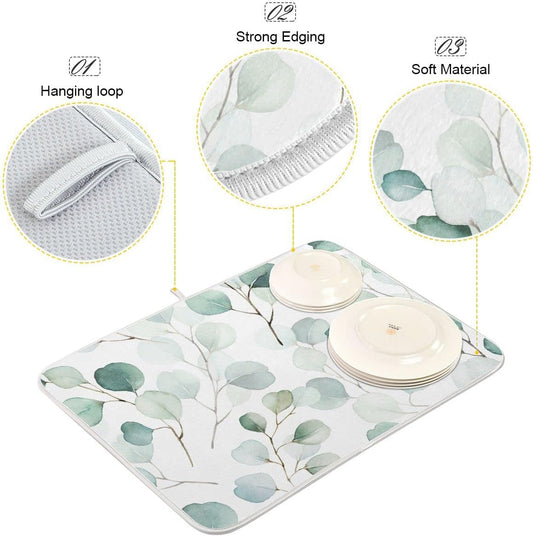 Sage Green Leaves Dish Drying Mat for Kitchen Counter Watercolor Branch Plant Drying Mat 18 x 24 Inch with High Absorbent Reversible Microfiber Dish Drying Pad Drainer Mat for Coffee Bar