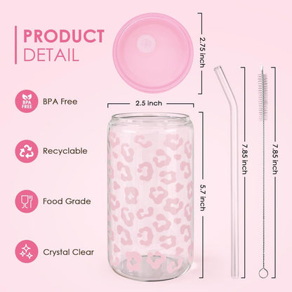 SANDJEST Leopard Glass Bottle, Pink Leopard Print Glass Cup with Lid & Straw, Iced Coffee Aesthetic Glass Can, Gifts for Women, Christmas Birthday Mother's Day