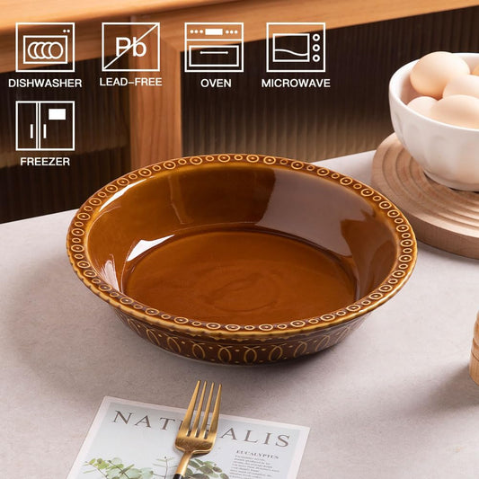 Sweejar Ceramic Pie Pan for Baking,Round Baking Dish Pan for Dinner 10 Inches, Pie Dish Non-Stick Pie Plate for Quiche,Tart，Cake,Pumpkin Pie, Pot Pies (Brown)