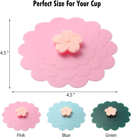 Peach blossom Silicone Cup Covers (Set of 3) ， Multicolored Silicone Lids for Mugs, Cups, Tea Pots,Flexible Mug Covers，Hot Cup Lids for Coffee & Tea