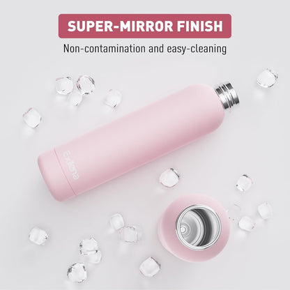 Slim Insulated Water Bottles for Travel 25oz with Clip, Double Wall Vacuum Stainless Steel Water Bottle Keeps Drinks Cold 24 Hrs/Hot 12 Hrs, 100% Leakproof, BPA Free(Pink)