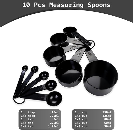 Inmorven 10pcs Measuring Cups and Spoons Set, BPA-Free Plastic Kitchen Baking Tools with Engraved Markings, Stackable Design for Dry & Liquid Ingredients (Black)
