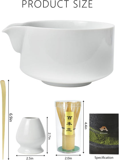 Artcome Premium Matcha Tool Set – Includes Matcha Bowl with Pouring Spout, Whisk, Whisk Holder, Tea Scoop & Matcha Manual - White