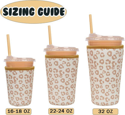 Reusable Insulated Neoprene Iced Coffee Cup Sleeve, Durable Drink Sleeve for Cold Beverages, Beverage Holder for Iced Coffee, Leopard Grace