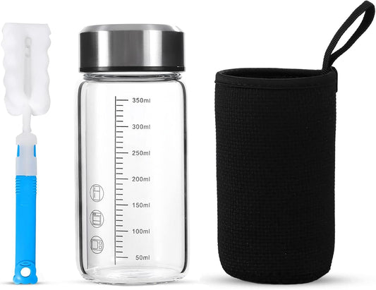 12Oz Glass Water Bottle with Lid and Sleeve,0.15in/3.8mm Thick Glass Shaker Bottles for Protein Mixes,Juicing,Smoothies, Infused Water,Beverage,Wide Mouth Small Reusable Coffee Bottle