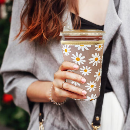 Reusable Insulated Neoprene Iced Coffee Cup Sleeve, Durable Drink Sleeve for Cold Beverages, Beverage Holder for iced coffee, Sunny Daisies