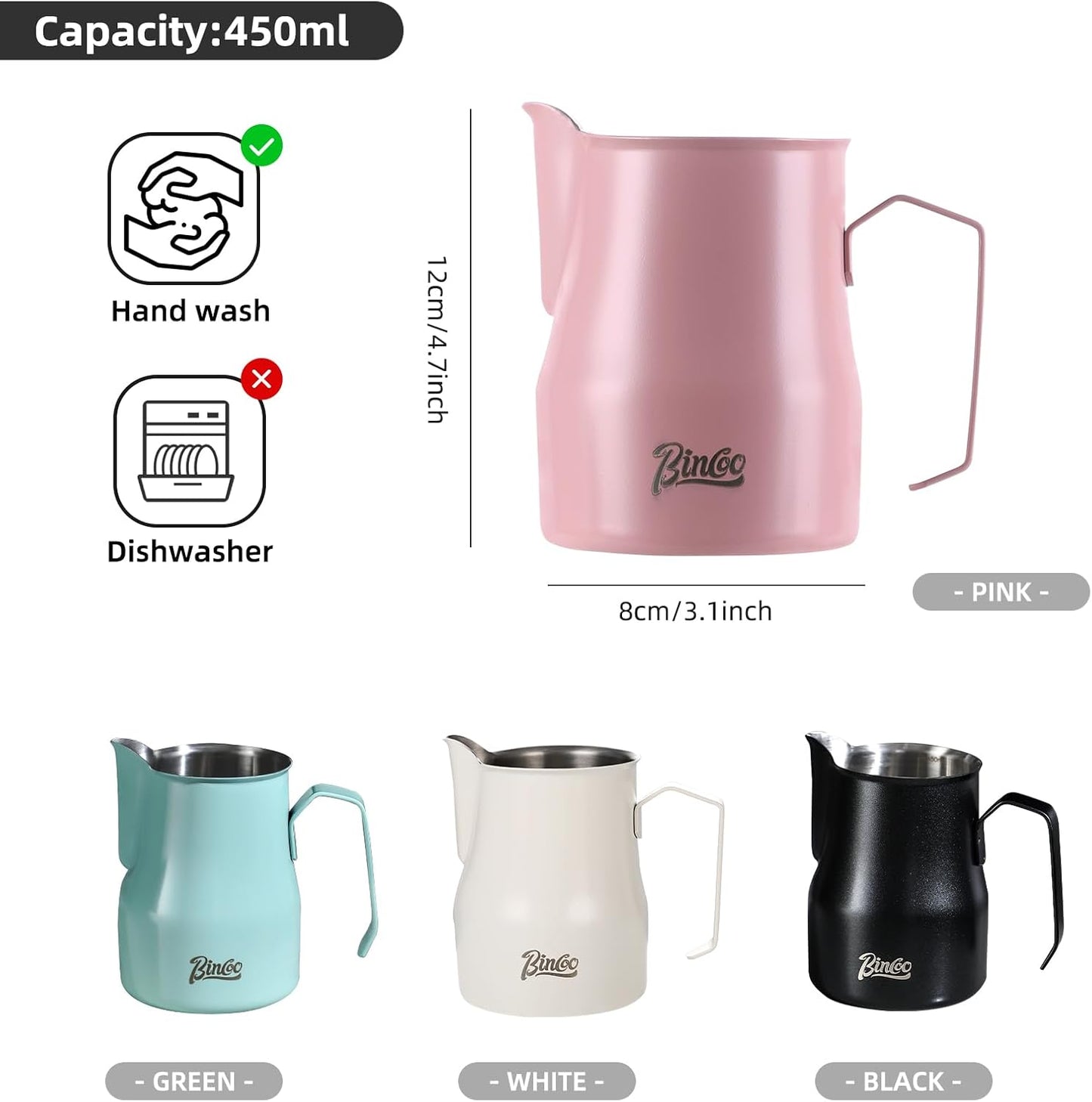 Milk Frothing Pitcher 450ML - Espresso Steaming Pitcher with Large Handle and Spout,Cappuccino Latte Art Cup for Barista and Home Cafe