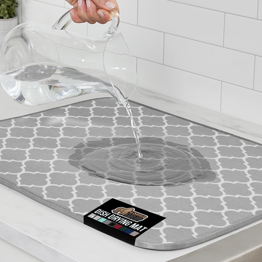 GORILLA GRIP Ultra Water Absorbent Microfiber Dish Drying Mat, 18x32, Quick Dry Thick Mesh, Slip Resistant Pad for Sink Dishes or Under Rack, Kitchen Counter Accessories, Machine Wash Mats, Quatrefoil
