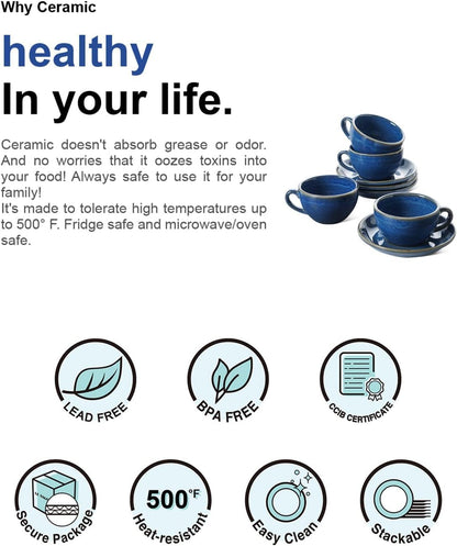 LE TAUCI 8 oz Cappuccino Cups with Saucers, Ceramic Large Coffee Cup for Au Lait, Double shot, Latte, Cafe Mocha, Tea - Set of 4, Ceylon Blue