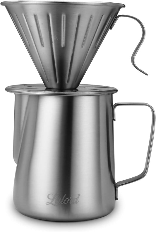 Pour Over Coffee Maker, 304 Stainless Steel wIth 100 pcs Size 02 Cone Paper Filters & 600ml Milk Frothing Pitcher, for Home & Camping