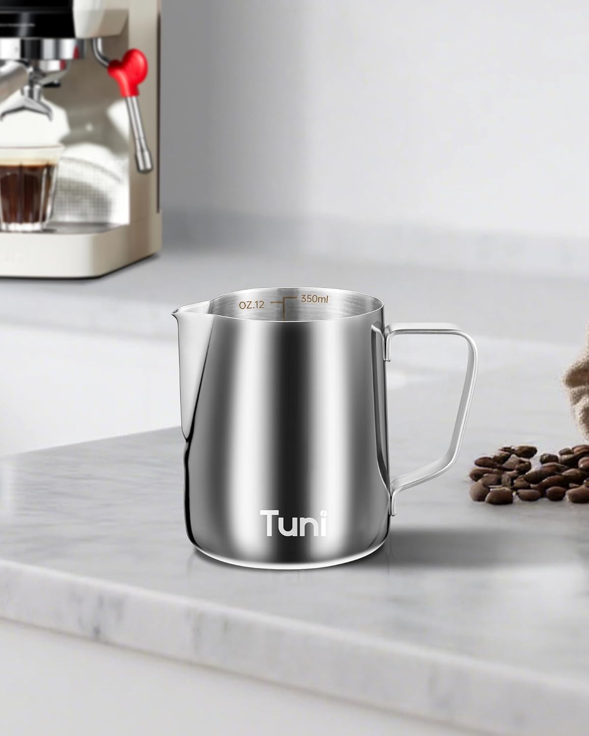 Tuni Milk Frothing Pitcher, 12oz/350ml Stainless Steel Milk Jug Steaming Cup, Milk Coffee Cappuccino Latte Art Steam Creamer Frother Pitcher
