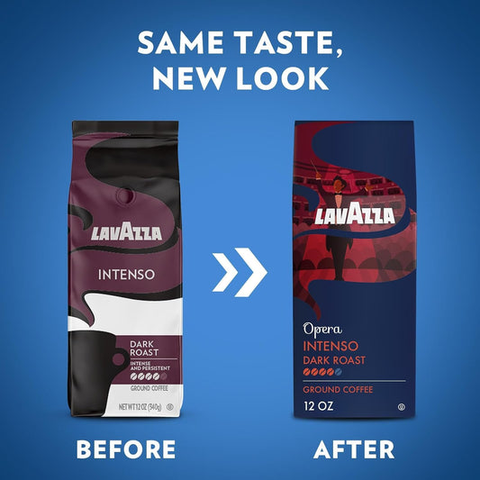 Lavazza Opera Intenso Ground Coffee 12oz Bag, Dark Roast, Bold and Balanced Taste, Intensity 4/5, Arabica and Robusta, Ideal for Drip Brewers, (Pack of 1) - Package May Vary