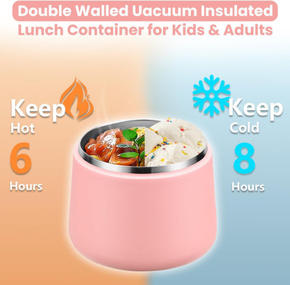 14oz Insulated Vacuum Food Jar with Buckle Lid,Soup Thermo for Hot Food Kids,Wide Mouth Leakproof Stainless Steel Lunch Container with Spoon-Pink
