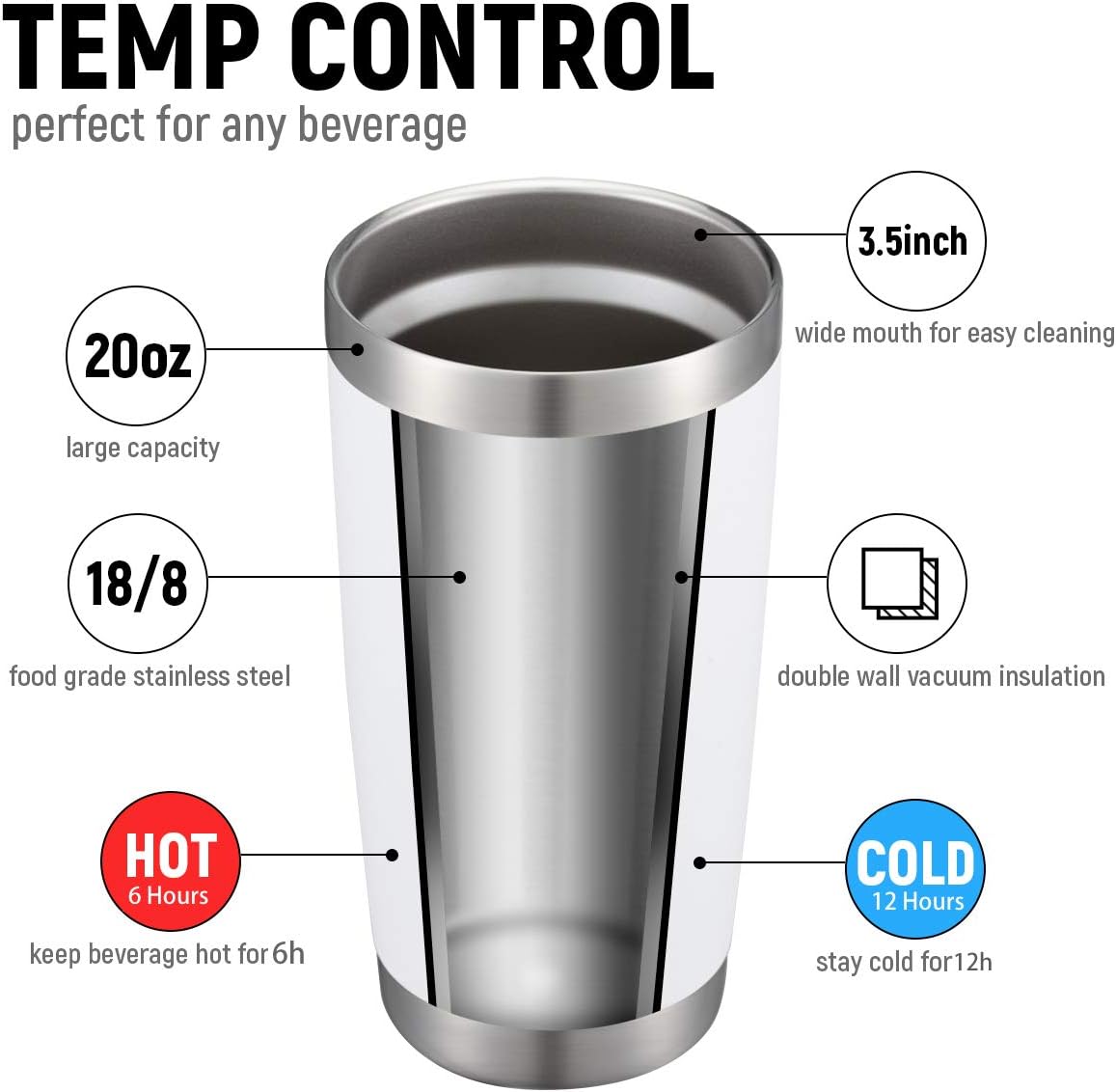 COMOOO 20oz White Tumbler Double Wall Vacuum Insulated Travel Mug Stainless Steel Coffee Mug with Lid and Straw Durable Powder Coated Insulated Coffee Cup for Cold & Hot Drinks (White,12 pack