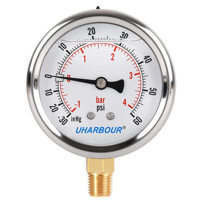 Glycerin Filled Pressure Gauge with 304 Stainless Steel Case, 2.5" Dial Size, 30InHg/60psi, High Accuracy, 1/4" NPT Center Lower Mount…