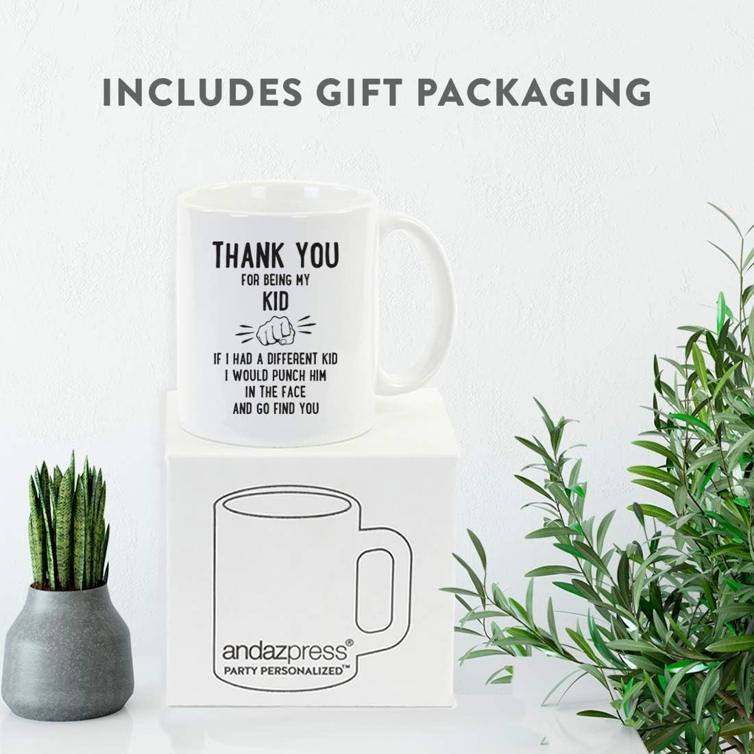 Andaz Press Funny Family 11oz. Coffee Mug Gift, Thank You for Being My Kid, Punch in Face, 1-Pack, Christmas Birthday Drinking Cup Present Ideas