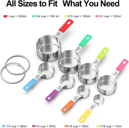 Wildone Measuring Cups & Spoons Set of 18 - Includes 8 Stainless Steel Nesting Measuring Cups, 9 Measuring Spoons, 1 Leveler, Ideal for Dry and Liquid Ingredients