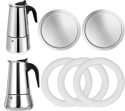 2 Pcs Filter with 3 Pcs Silicone Gasket Seals for 6 Cup Stovetop Espresso Coffee Maker Replacement Parts for Big Tummy and Straight Stainless Steel Moka Pot