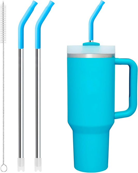Snowfall Metal Straw for Stanley 40 OZ Cup, Long Reusable Stainless Steel Drinking Straws with Silicone Tip for Simple Modern 40 OZ Tumbler (Sky Blue)