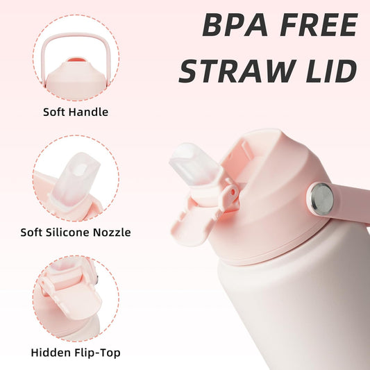 BJPKPK Water Bottle with Straw Lid, 24oz Vacuum Insulated Water Bottles, Metal Stainless Steel Thermos for Sports, Travel, BPA Free Leak Proof Thermos, Cups, Flasks, Tumblers,Pearl Pink