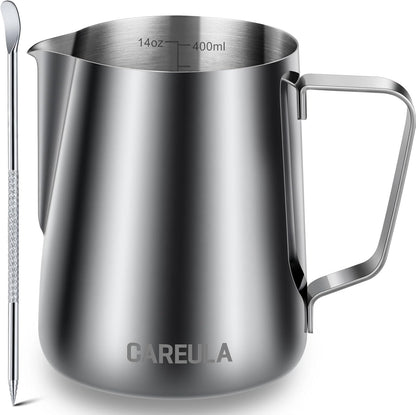 Milk Frothing Pitcher, 14oz 400ml Stainless Steel Milk Frother Cup Steaming Pitcher, Coffee Bar Cappuccino Espresso Machine Accessories Barista Tools, Metal Milk Jug with Latte Art Pen