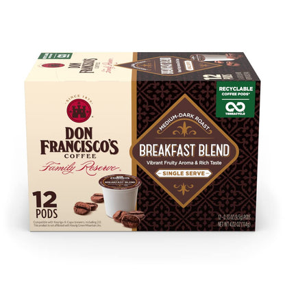 Don Francisco's Breakfast Blend Coffee - 12 K-Cup Compatible Single-Serve Pods - 100% Arabica - Fruity Aroma, Rich Flavor - Recyclable through TerraCycle - Compatible with Keurig Brewers