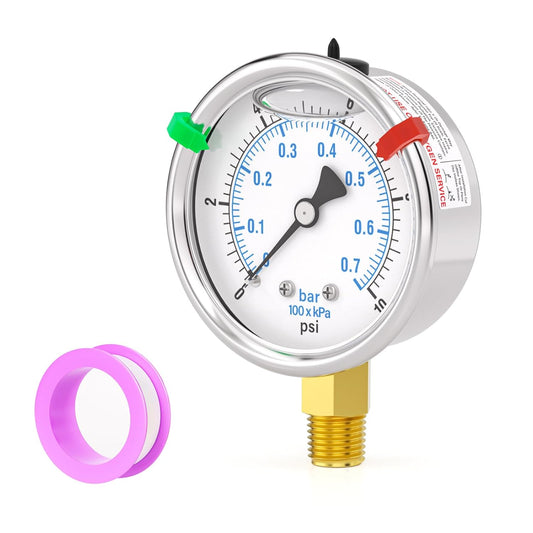 0-10PSI Stainless Steel Liquid Filled Pressure Gauge, 2.5" Dial Size, 1/4" NPT Lower Mount, for Tube, Water Pump, Gas, Liquid, Pressure Test (with Range Mark Pointer)