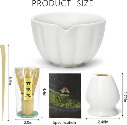 Artcome 4 Pcs Japanese Matcha Tea Set - Matcha Bowl with Pouring Spout, Matcha Whisk, Tea Scoop, Whisk Holder, Handmade Matcha Ceremony Kit For Japanese Tea Ceremony, Ivory