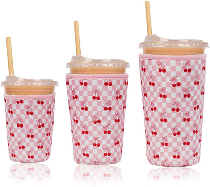 Reusable Insulated Neoprene Iced Coffee Cup Sleeve, Durable Drink Sleeve for Cold Beverages, Beverage Holder for Iced Coffee, Sweet Cherry