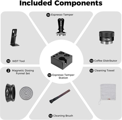 IKAPE 51MM Black Espresso Tool Set 8 IN 1, Coffee Tamper, Distributor, Magnetic Funnel, Puck Screen, Tamper Station, Stirrer Distribution Tool, Cleaning Towel and Brush