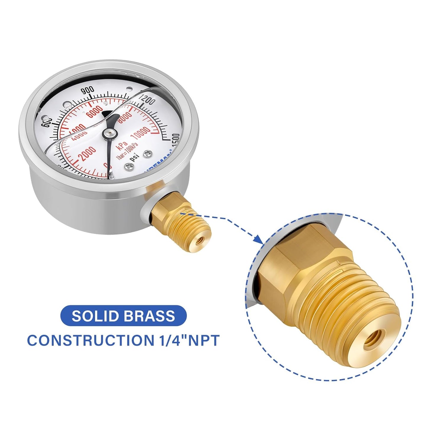 MEASUREMAN 2-1/2" Dial Size, Glycerin Filled Pressure Gauge, 0-1500psi/kpa, 304 Stainless Steel Case, 1/4" NPT Lower Mount