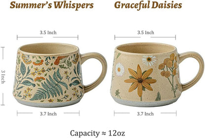 Floral Coffee Cup, 12oz Ceramic Hand Painted Porcelain Mug with Premium Gold Spoon, Cup for Cappuccino, Macchiato, Latte, Cafe, Tea, Unique Gift Idea (Summer's Whispers + Graceful Daisies)