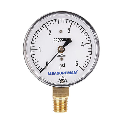 MEASUREMAN Diaphragm Type Capsule Low Pressure Gauge, 2-1/2" Dial, 1/4" NPT Lower Mount, Adjustable, 0-5Psi