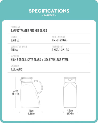 Baffect Water Pitcher, High Borosilicate Glass Jug with Stainless Steel Lid, Leakproof Fridge Door Carafe for Hot or Cold Beverage Vertical Pattern (1.8 L/63 oz.)