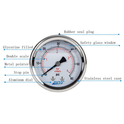 Pressure Gauge,Liquid Filled,2 1/2" face Dia,0-60 psi/bar/kpa,1/4" NPT Back Mount, Polycarbonate Lens Window, Stainless Steel case