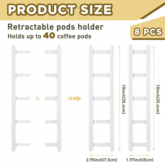 8 Pack Adhesive Coffee Pod Holder, 2 Different Size Holds 20 Capsules, Wall or Cabinet Mounted Coffee Capsule Rack with Adhesive Strips, Vertical or Horizontal Mount