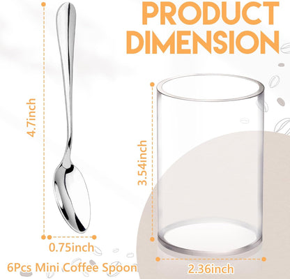 6 Pcs Mini Coffee Spoons with Holder 4.7 inch Demitasse Espresso Stainless Steel Spoons Silver with Acrylic Cylinder Holder for Coffee Bar Home Tea Party (6)
